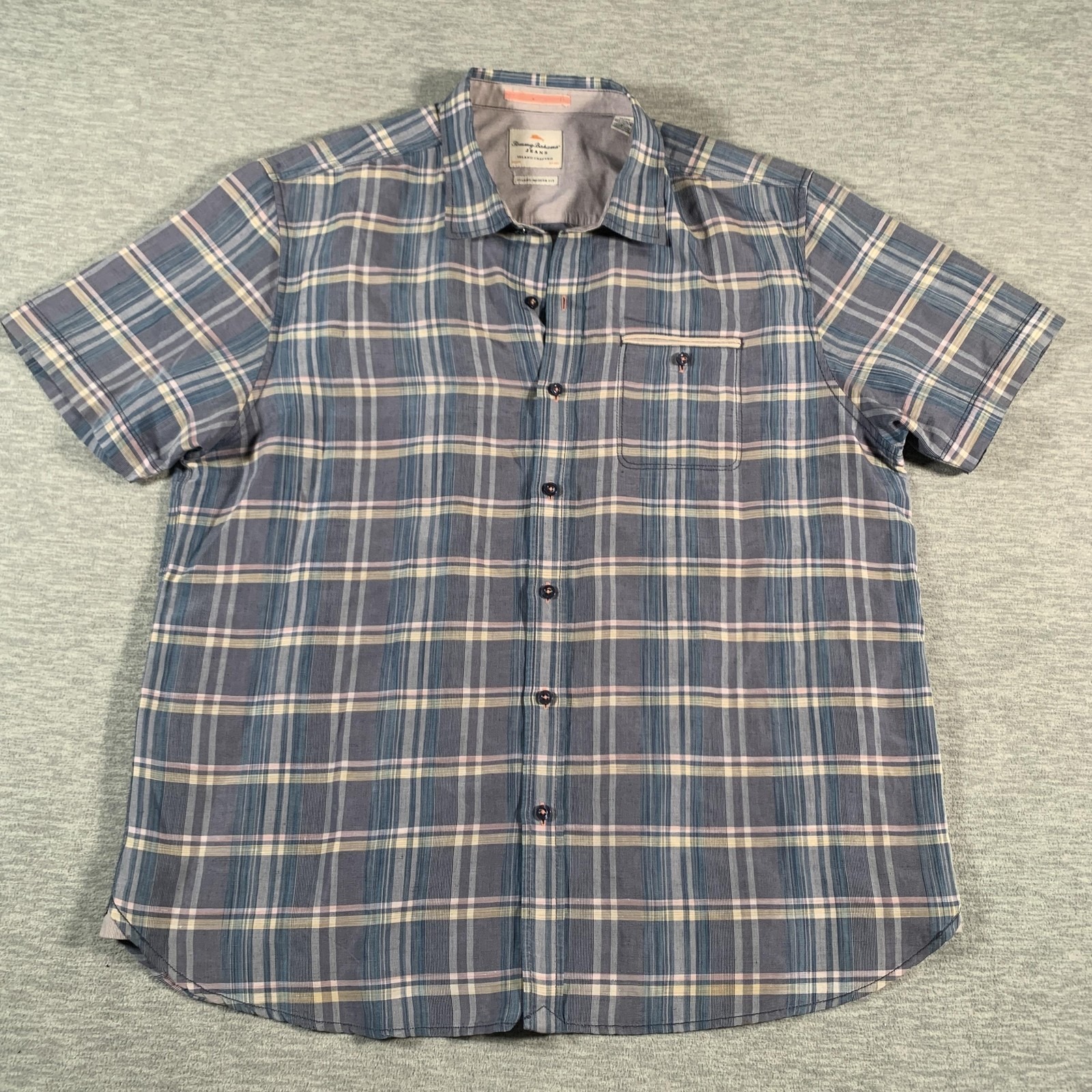 Tommy Bahama Shirt Mens Xl Blue Plaid Linen Tencel Button Up Island Modern Fit